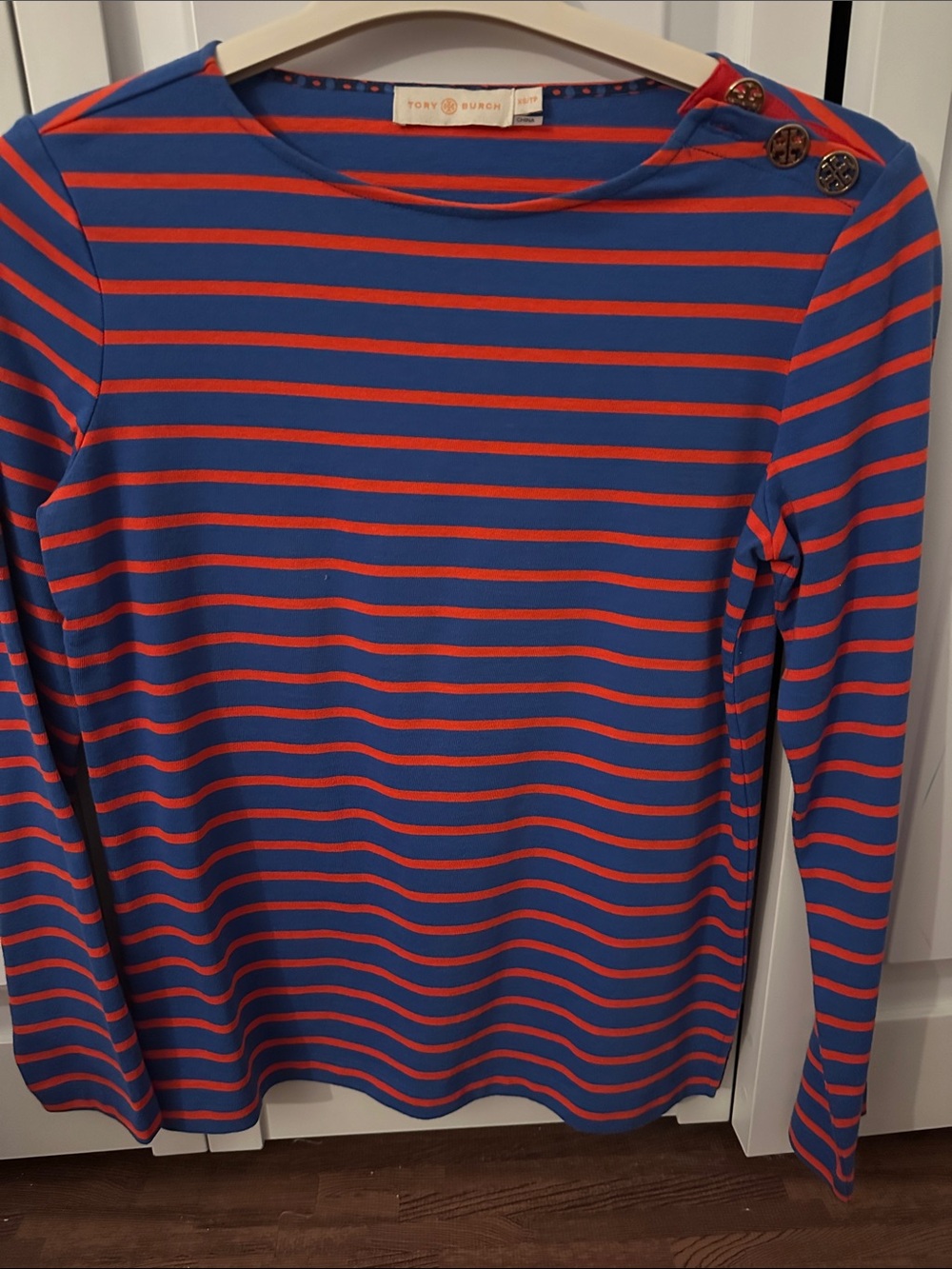 Tory Burch Blue with Red-Orange Striped Long-Sleeve Boatneck Top